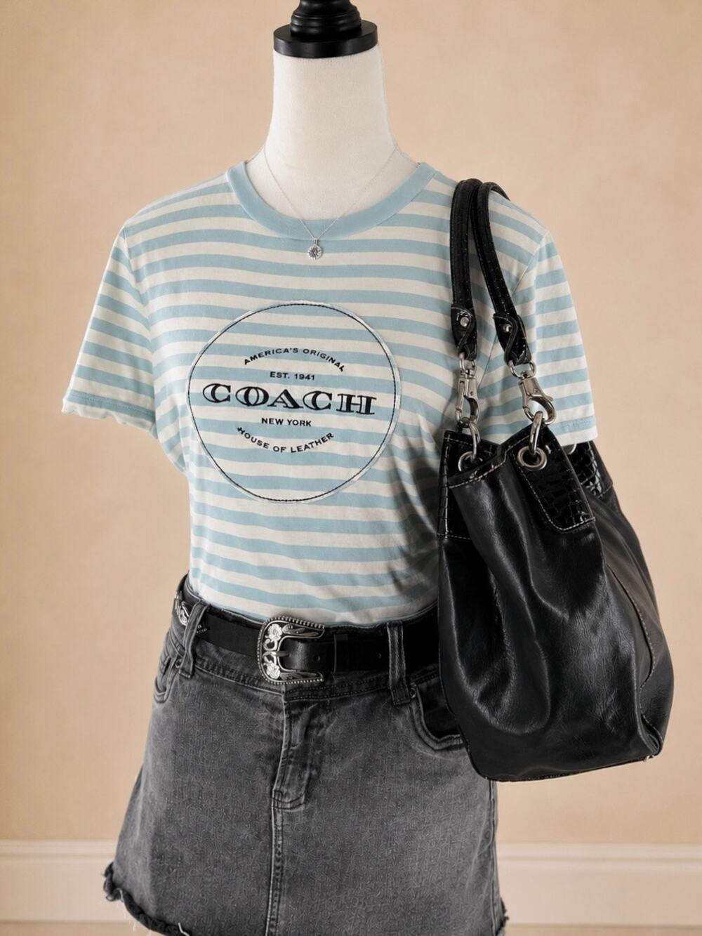 Coach Women’s Small Blue White Striped Logo T-Shirt 100% Cotton Y2K